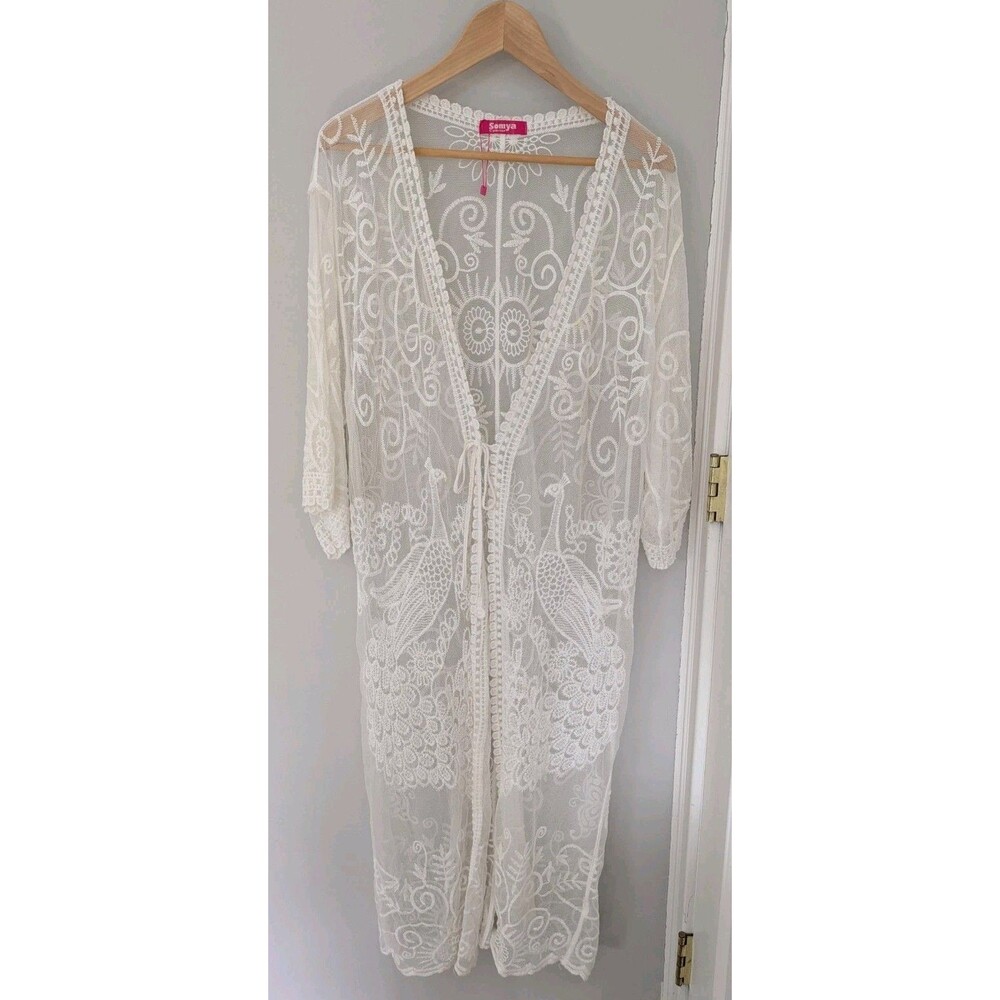 Lace Kimono SZ M/L Cover Up Ivory Sheer Boho Duster Cardigan Festival Beach 70's